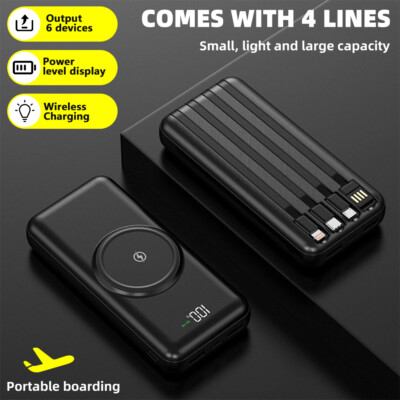 9000000mAh Power Bank Wireless Charger Built in 4 Cables External Battery Backup