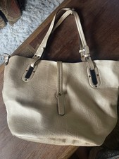 Beige Pebbled Tote Bag Snap Closure Gold Hardware Purple Lining Inner Pockets