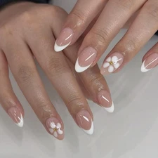 Nude Pink French Press on Nails Short Almond with 3D Flower Design, White Fre...