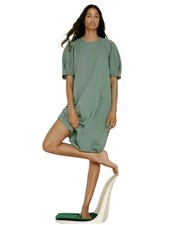 Zara Lagenlook Midi Dress Green Cotton Short Puff Sleeve Women Medium Sage Green