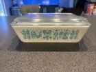Vintage Pyrex Amish Butterprint turquoise refrigerator dish w/clear ribbed lid