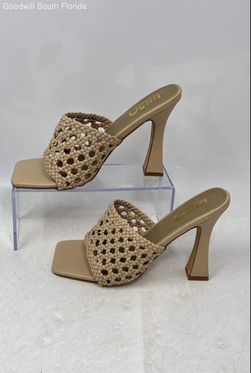 EGO Womens Beige Leather Square Toe Slip-On Block Heel Mule Sandals Size 7