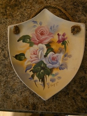 Vintage Ucagco Hand-painted Signed S. Kuzuya Floral Rare Blue Rose Shield Plaque