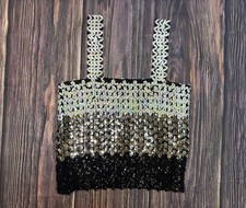 Vintage 1970s 1980s Sequin Stretchy Party Disco Club Black Silver Ivory Crop Top