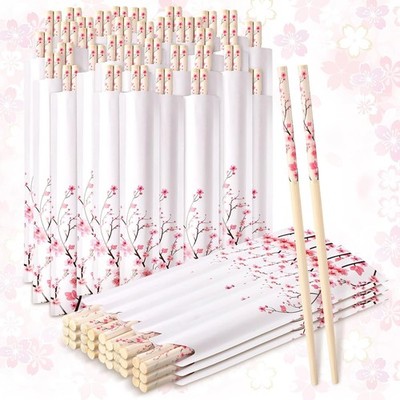 50 Pairs Cherry Blossom Chopsticks Bulk with Sleeved Blue Flower Disposable