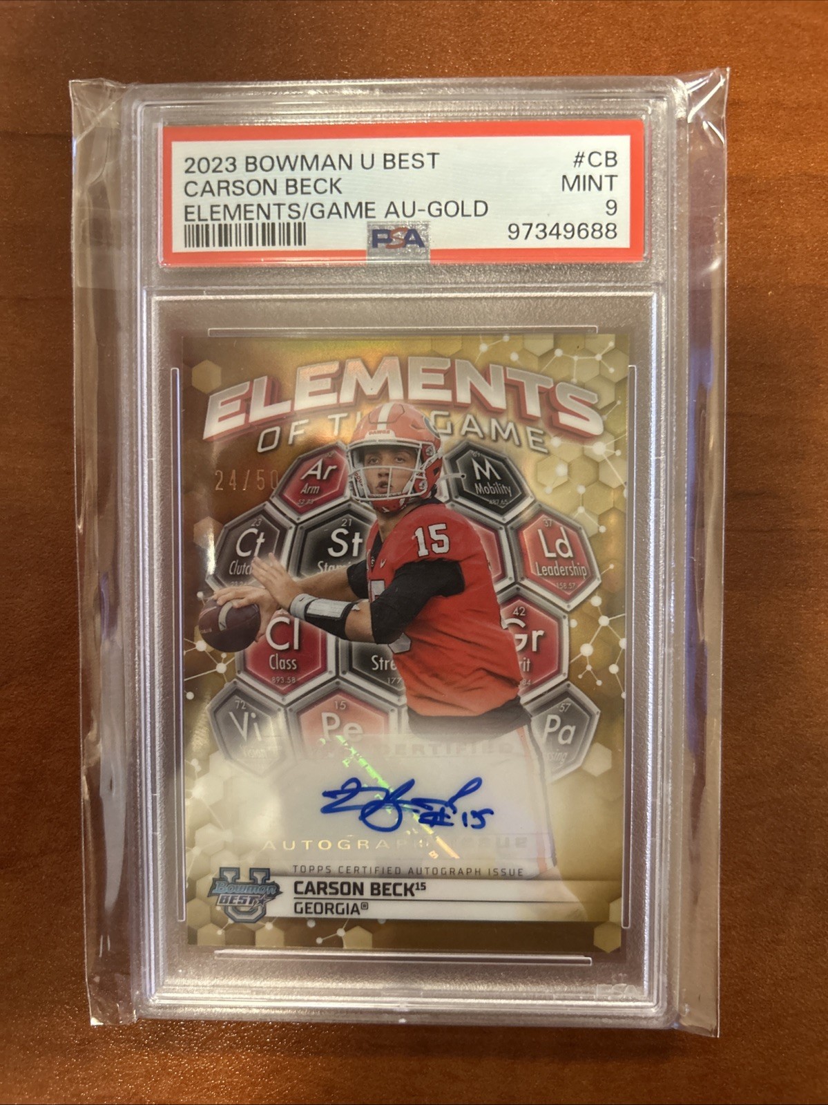 Carson Beck Georgia Bulldogs 2023 Bowman U Best- Elements of the Game Auto GOLD /50 PSA 9 