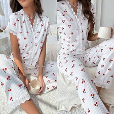 Charming Women Pajama Set with Short Sleeve Lace Trim Top and Long Pants
