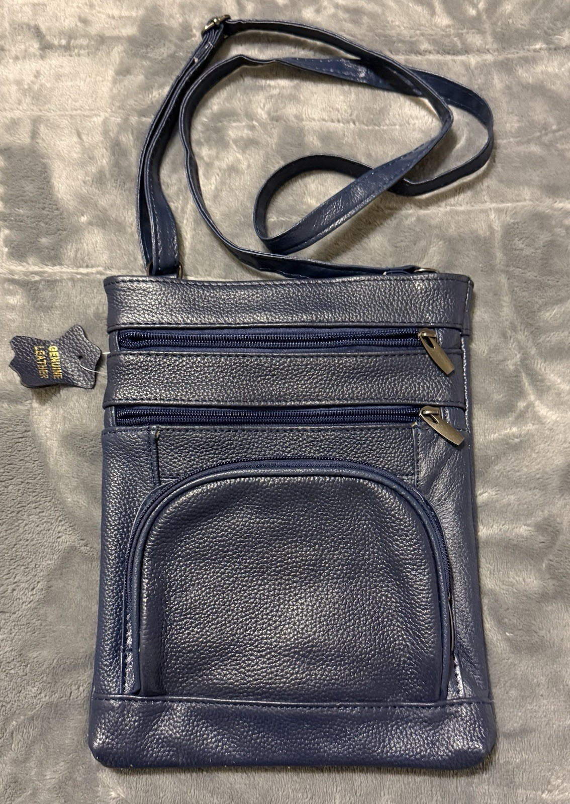 CrossBody Bag, Genuine Leather - Navy Blue, Zip Pockets New 