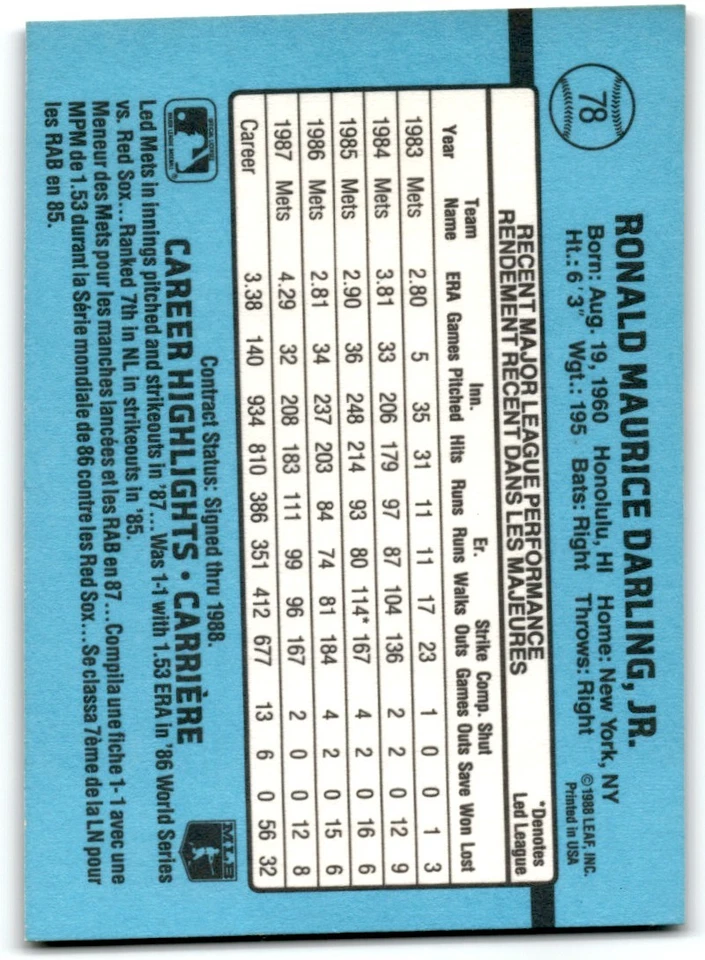 1988 Leaf Ron Darling New York Mets #78 - Image 2 of 2
