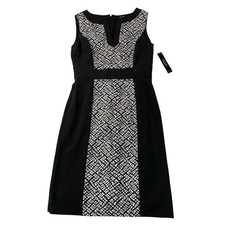 Tahari ASL Dress Womens 4 Black White Geometric Print Sheath Split Neck Jennie