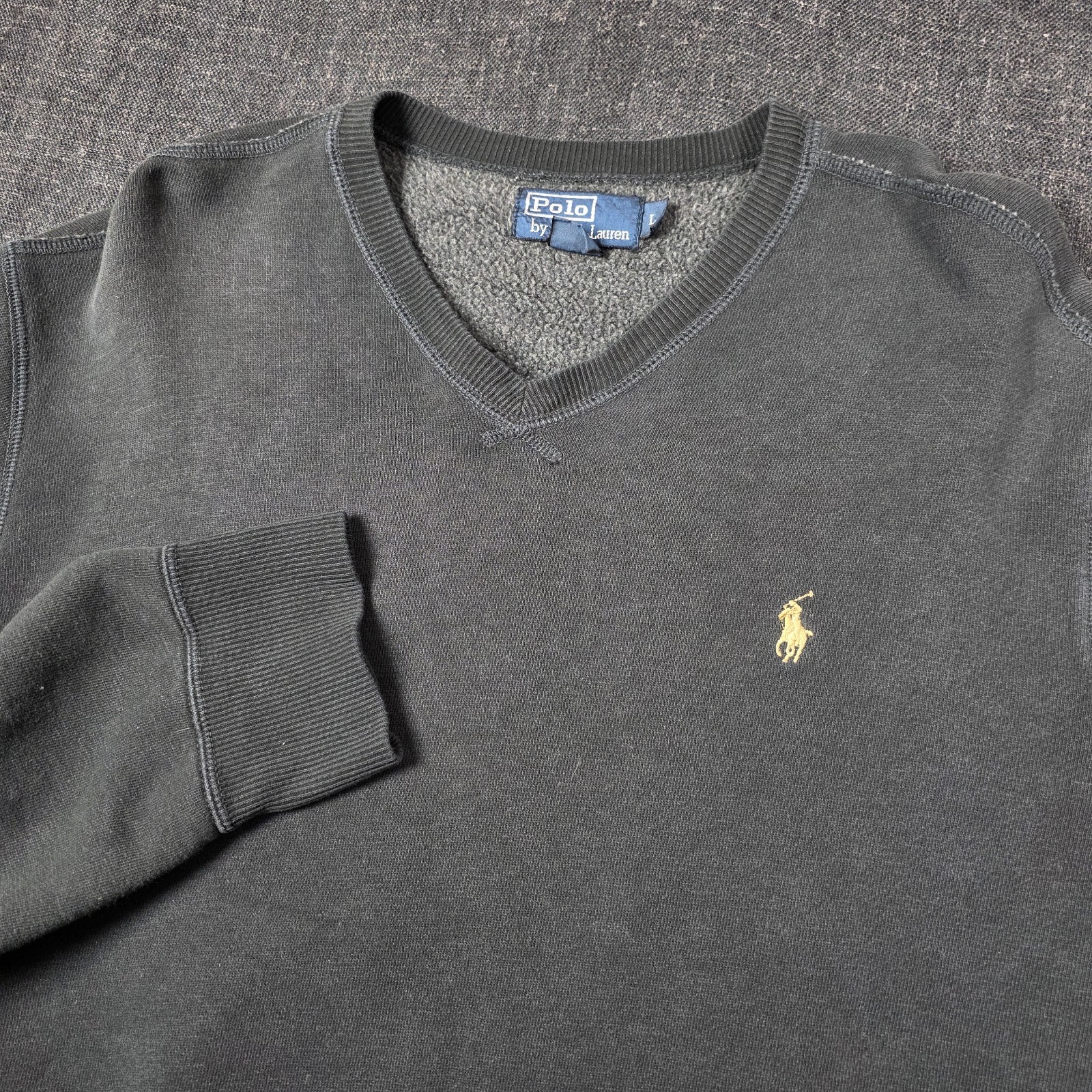Felpa Polo Ralph Lauren vintage anni 90 L scollo a V nero sbiadito pullover logo pony