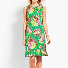 Talbots Colorful Green Floral Sleeveless Flounce Hem Shift Dress Size 14