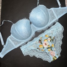 Victoria's Secret 32DDD BRA SET S panty Baby BLUE lace Yellow Lemon Dream Angels
