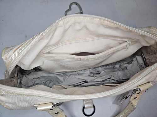 Borsa a tracolla vintage XOXO borsetta tela crema/abbronzatura come chiusura a cuore Y2K NOS leggi - Foto 11 di 18