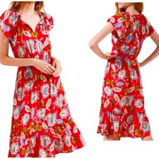 Loft Women's Red Floral Flutter Sleeve Summer Midi Dress