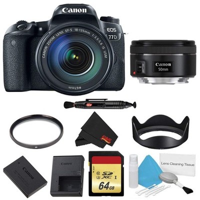 Canon EOS 77D DSLR Camera +18-135mm Lens Bundle w/Memory Kit + Bonus 50mm Lens (