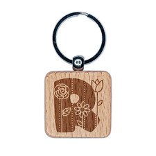 Sweet and Cute Flowers Rounded Block Letter R Engraved Wood Square Keychain
