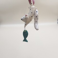 Christmas Ornament Cat White W/ Black Spots Wooden Jointed Legs W/ Green Fish