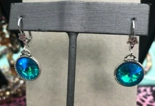 Retro Turquoise Blue Rivoli Crystal Silver Lever back Drop Earrings