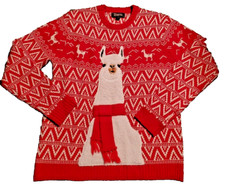 Llama Print 33 Degrees Holiday Ugly Christmas Red Knit Sweater Size L Holiday