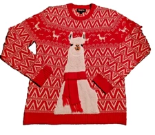 Llama Print 33 Degrees Holiday Ugly Christmas Red Knit Sweater Size L Holiday