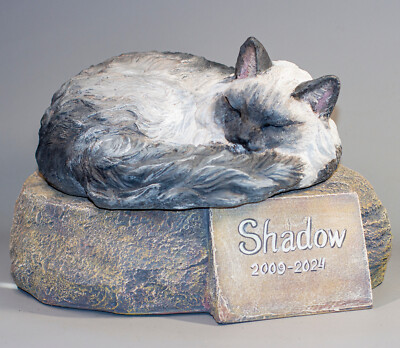 Unique Long Hair Cat Memorial Urn Funeral Grave Stone Cremation Statue Pet Ashes