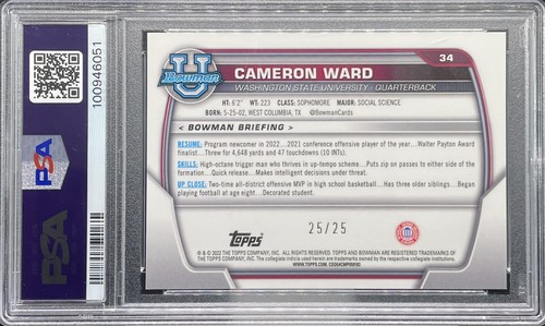 25/25 CAM WARD 2022 Bowman Chrome U 1st Rookie ORANGE REFRACTOR SSP PSA 8 NM-MT - 第 3/3 張圖片