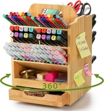 Bamboo Pen Holder Organizer, 360°Rotating Art Supply Storage Caddy, Hold 400+...