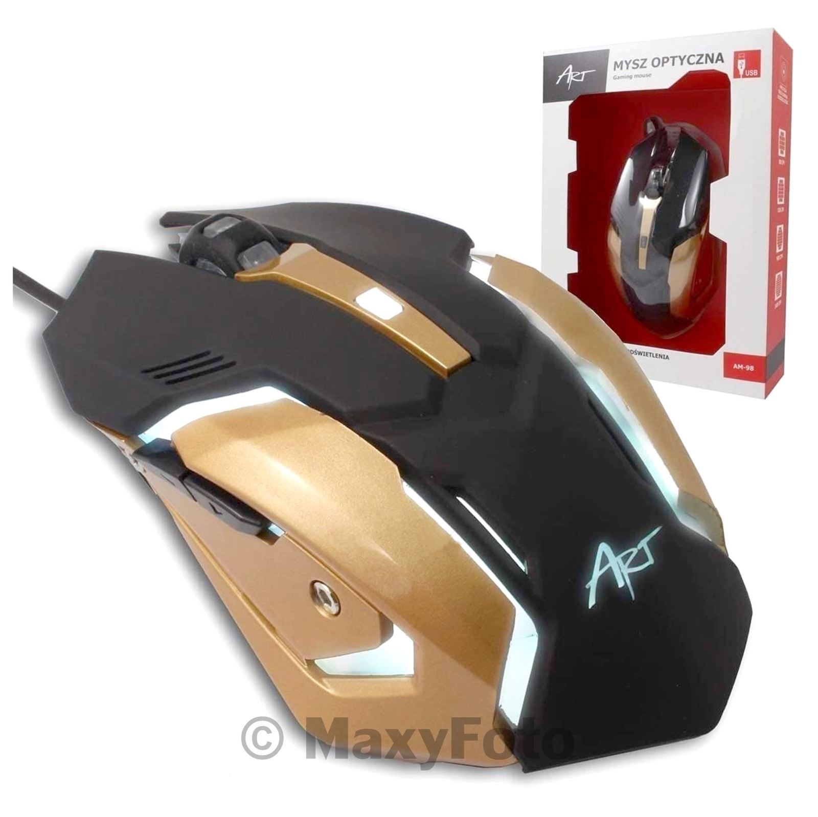 ART MOUSE OTTICO A FILO OPTICAL AM-98 GAMING FINO A 2400 DPI USB LED BLACK GOLD
