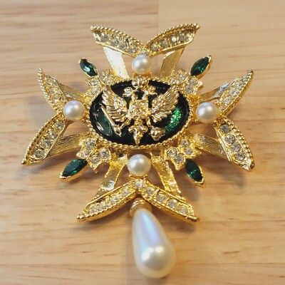Gold-Tone Nicholas Alexandra Brooch Eagle Pearl Green Crystal Pendant