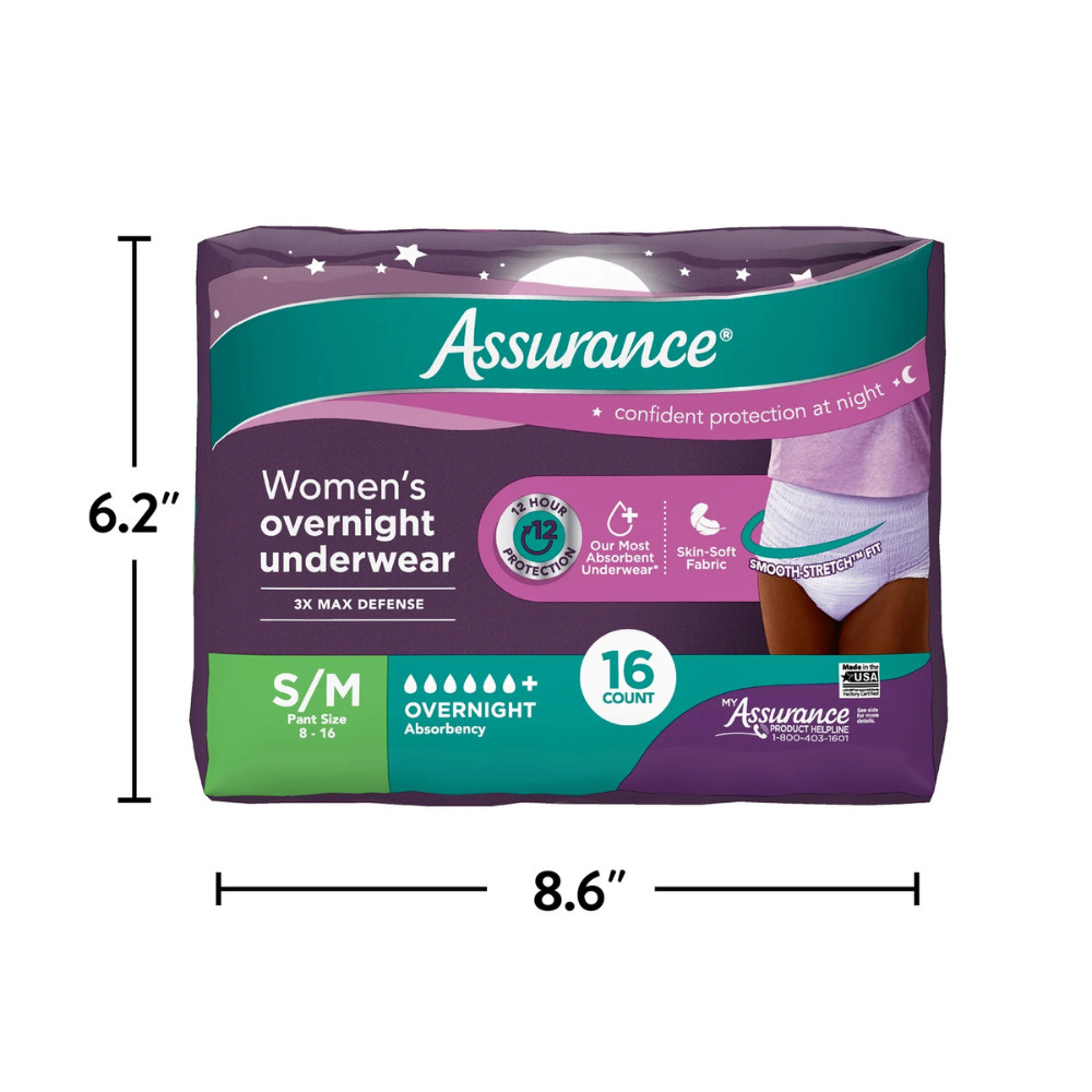 Assurance Women's Incontinence & Postpartum Underwear, S/M, Overnight, 16 Count