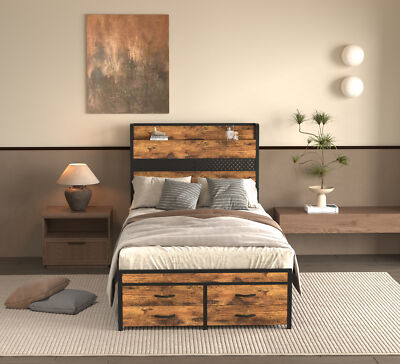 Twin Size Bed Frame Wood Storage Shelf Headboard and 4 Drawers Metal Frame Brown