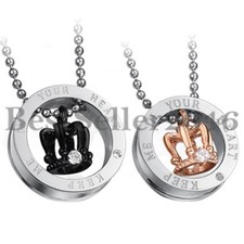 2PCS Stainless Steel Crown His and Her Promise Matching Love Couple Necklace Set