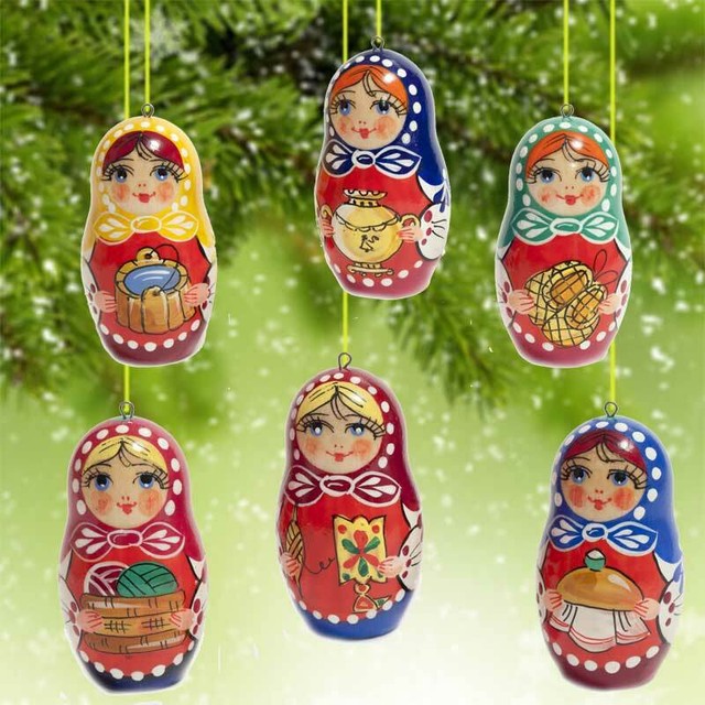 Matryoshka Style Ornaments Painted Wooden Russian Christmas Tree