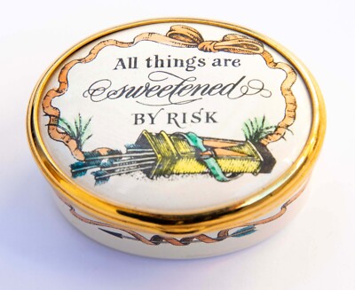 Bilston & Battersea Halcyon Days All Things Are Sweeted by Risk Emaille Box