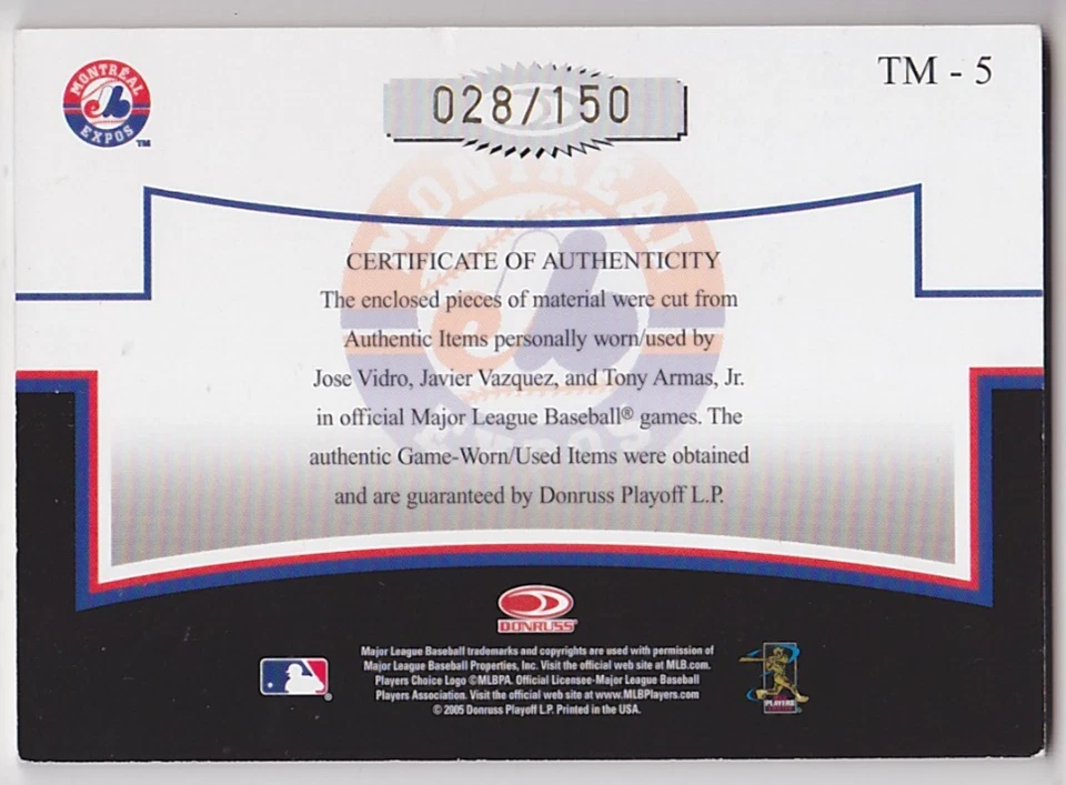 Camiseta Tripla 2005 Prime Patches /150 Jose Vidro Tony Armas Jr. Vazquez Expos - Imagem 2 de 2