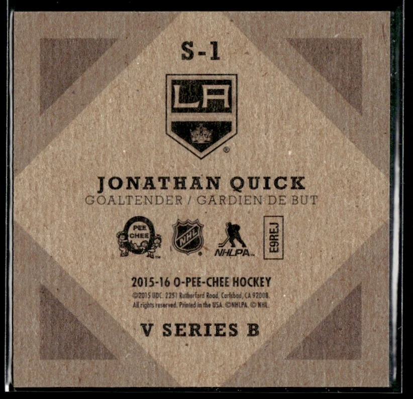 2015-16 O-Pee-Chee V Series B Jonathan Quick #S-1 - Image 2 of 2