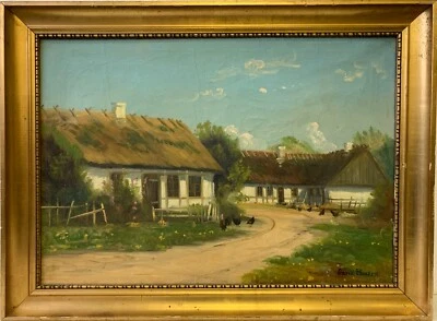 Ölbild Impressionist Dorfstraße mit Häusern signiert Antik Vintage Bilderrahmen - Bild 1 von 4