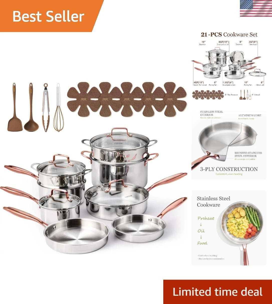 21-Pc Stainless Steel Cookware Set - Oven & Dishwasher Safe Gold Finish