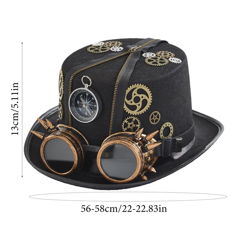 Steampunk Hat with Goggles Vintage Gothic Cosplay Top Hat Halloween Fancy Dress - Image 2 of 4