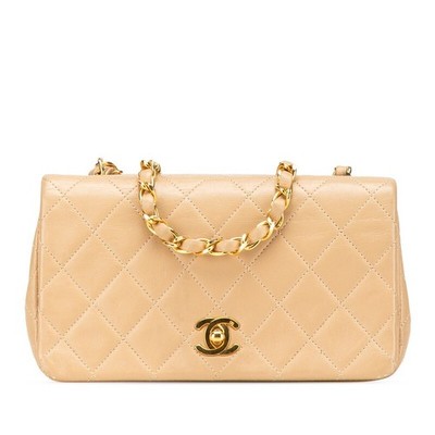 CHANEL Matelasse Full Flap Chain Shoulder Bag Beige Lambskin Coco Mark Women's W
