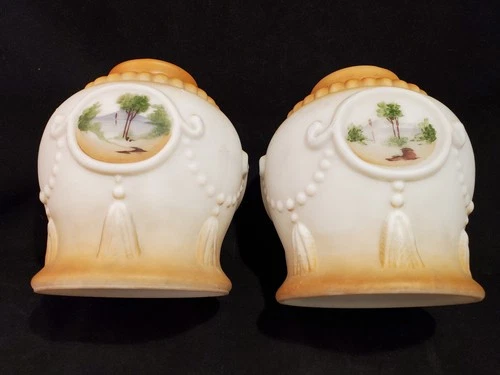 Set of 2  Antique Hand Painted Milk Glass Lamp Light Shades 1920's Outdoor Scene