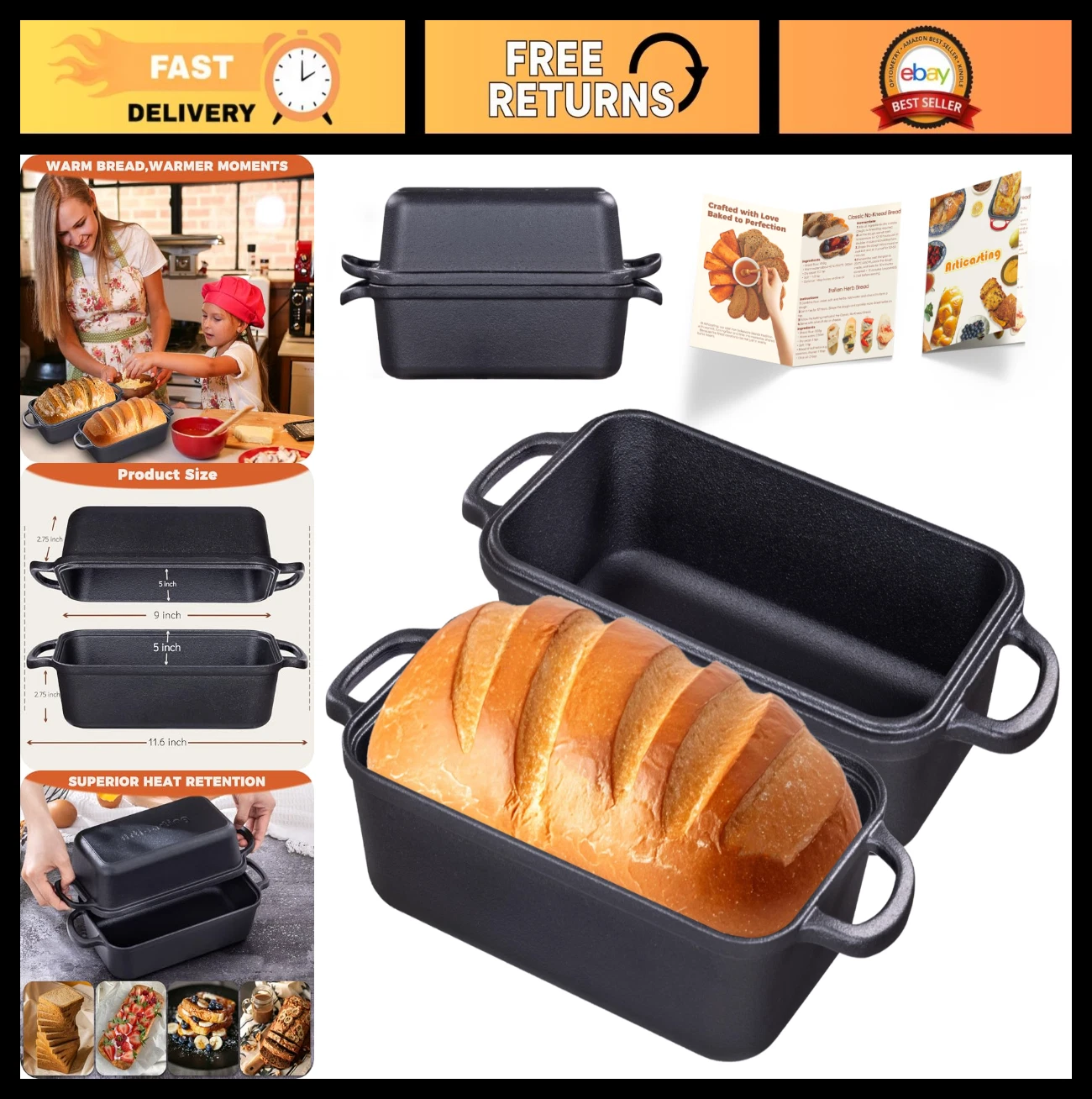 Pre-Seasoned Cast Iron Loaf Pan with Lid, 9x5 Inch Bread Baking Dish for Sourdou
