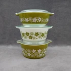 Vintage Pyrex Spring Blossom Green Crazy Daisy Compatibles w/ Lids 3pc Set 470-1