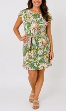 Talbots Womens Tropical Floral Cotton Jersey Side Tie Sheath Dress Green Pink L