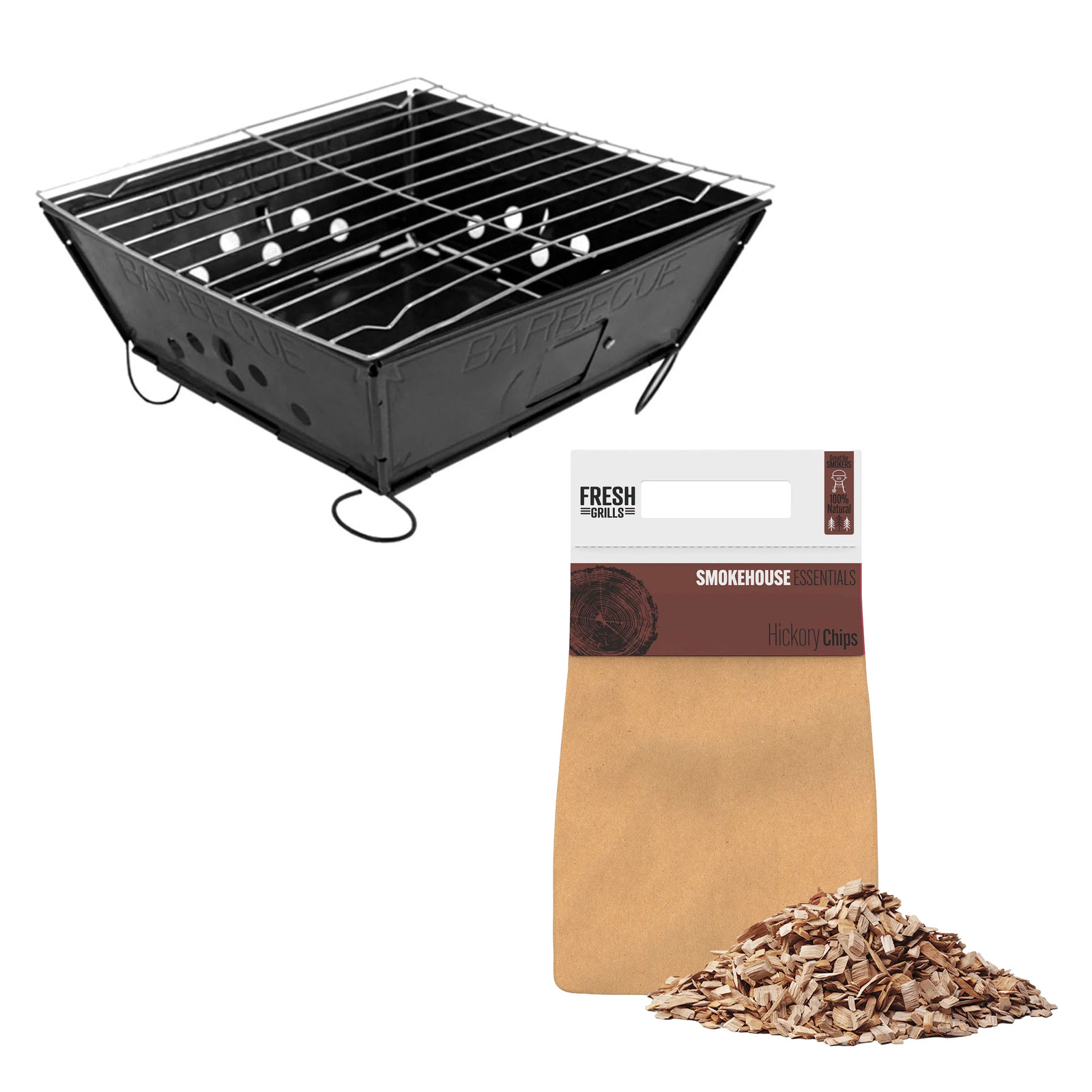 Portable Folding BBQ & Hickory Wood Smoker Chips Barbecue Grill
