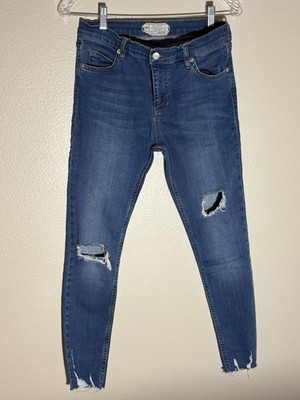Free People Women s Blue Mid Rise Distressed Skinny Shark Bite Raw Size 27 Jeans