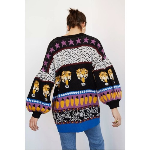 Farm Rio Feline Colorblocked Cardigan Sweater Size Large Wool Tiger Oversized - Picture 5 of 16