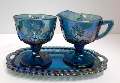 Vtg Indiana Glass Blue Carnival Harvest Grape 3 Pc Cream & Sugar Set with Tray