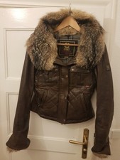 Belstaff Ladies Biker Jacket Leather Vintage With Fur Size S Brown Gold Label
